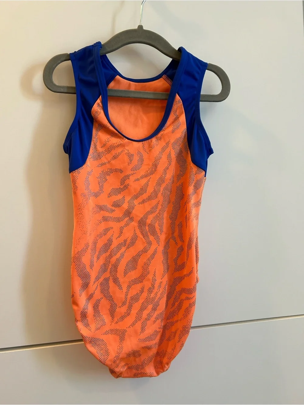 GK Elite Orange & Royal Blue Tiger Print Leotard - CM Child’s Medium